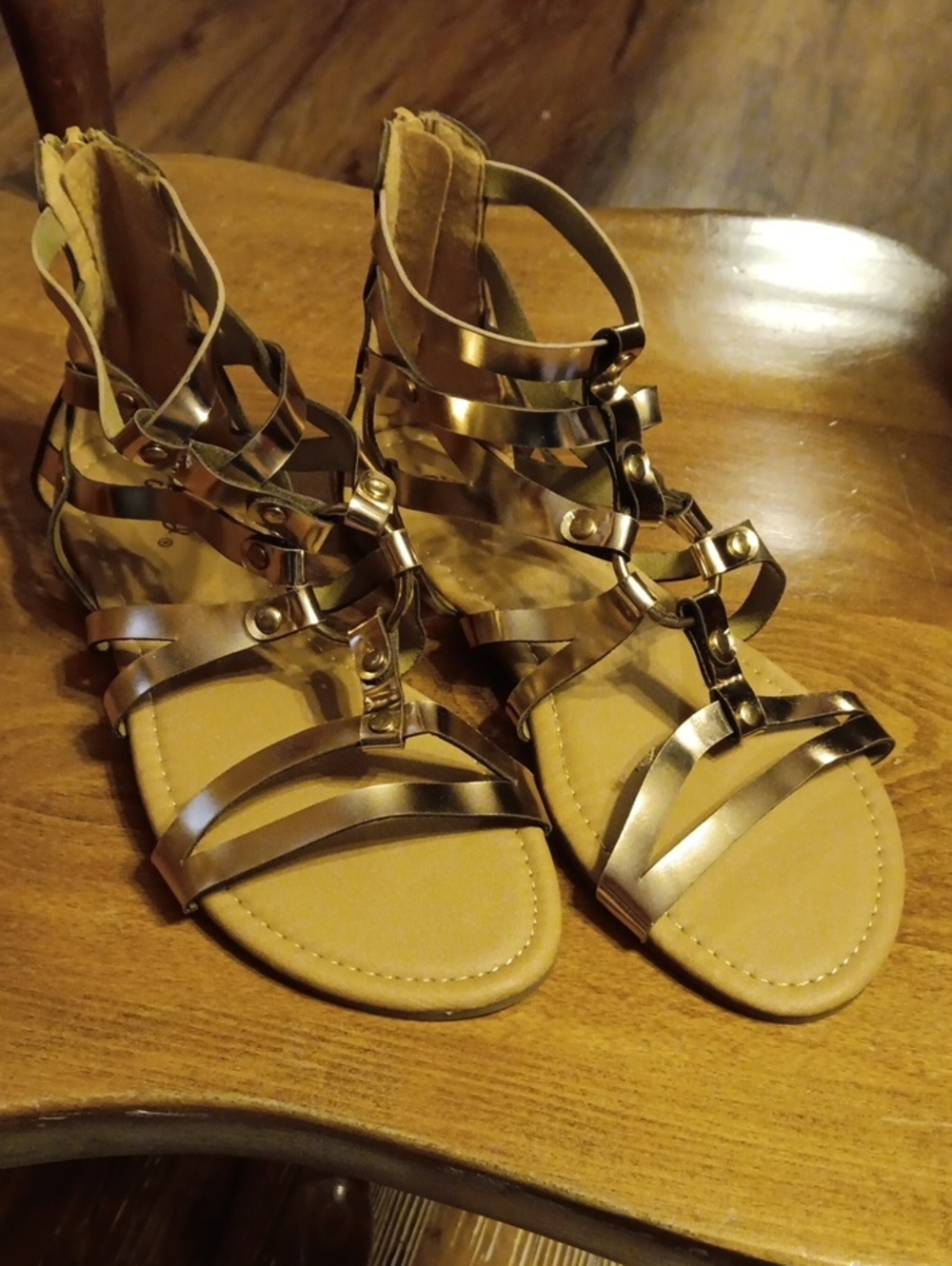 Qupid Bronze Metallic Strappy Gladiator Sandals